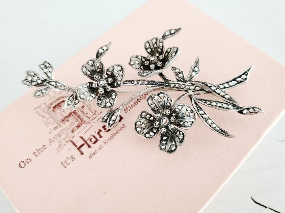 Vintage Sterling Silver Marcasite Floral Brooch